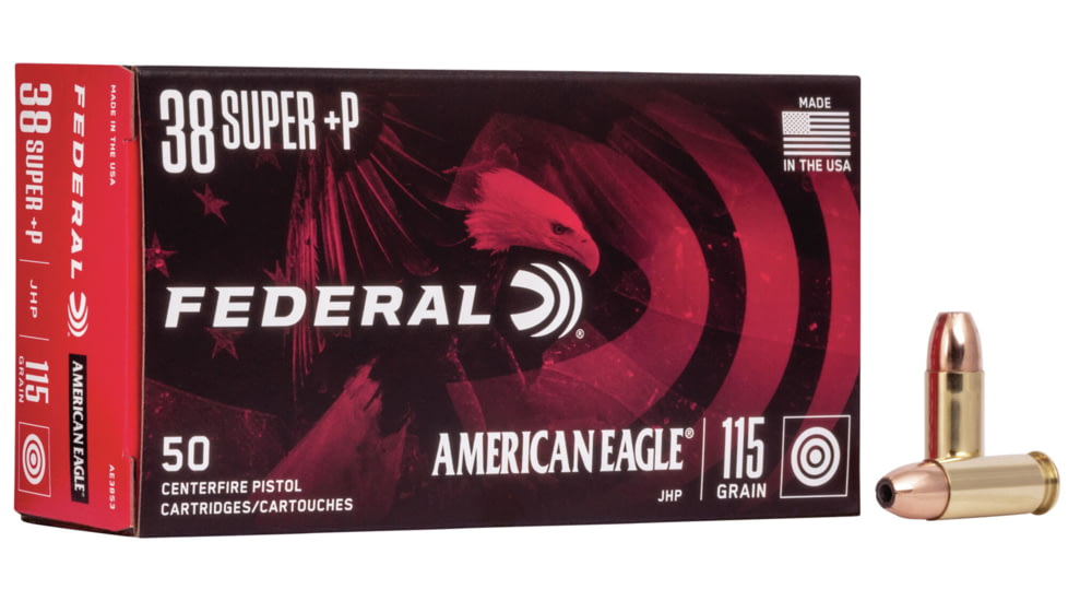 Federal Premium American Eagle 38 Super +P 115 Grain Jacketed Hollow Point Brass Centerfire Pistol Ammo, 50 Rounds, AE38S3