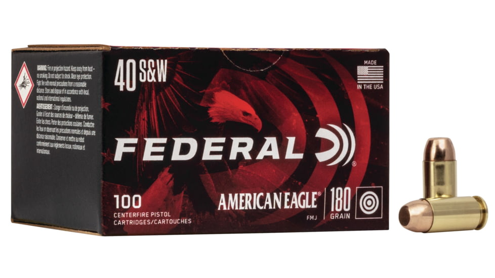 Federal Premium Brass Centerfire Ammo .40 S&amp;W 180 Grain Full Metal Jacket Brass Centerfire Pistol Ammo, 100 Rounds, AE40R100