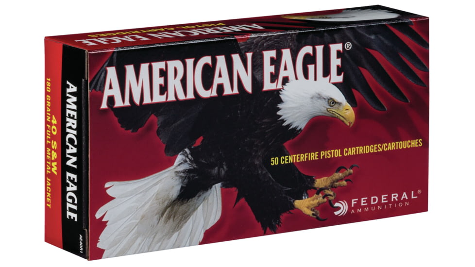 Federal Premium American Eagle .40 S&amp;W 180 Grain Full Metal Jacket Brass Centerfire Pistol Ammo, 50 Rounds, AE40R1