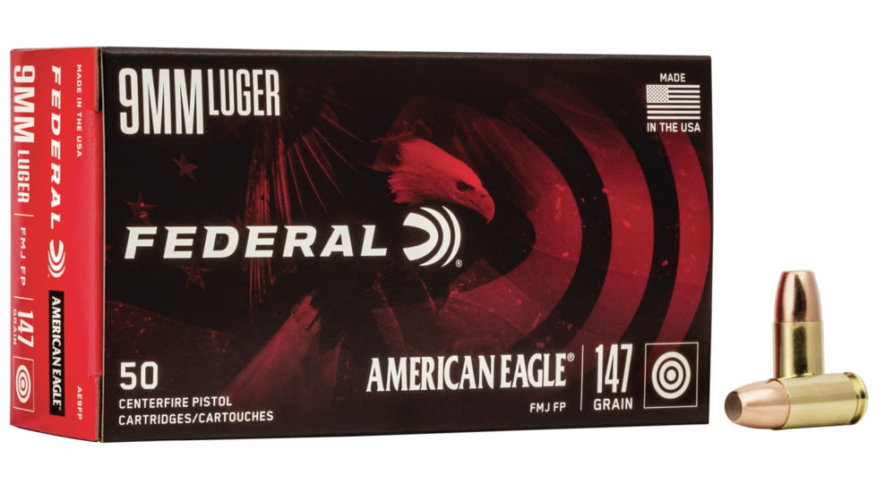 Federal Premium American Eagle 9mm Luger 147 Grain Full Metal Jacket Brass Cased Centerfire Pistol Ammo, 50 Rounds, AE9FP