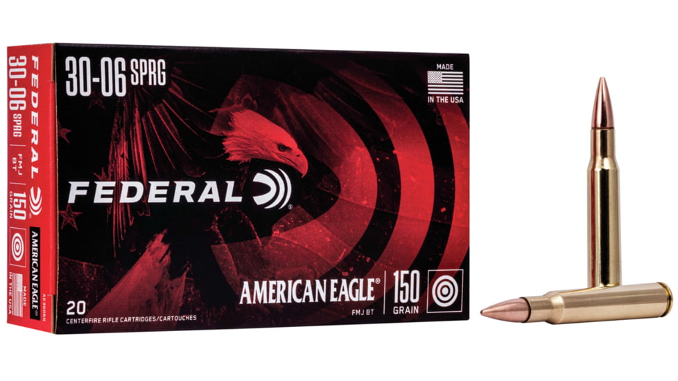 Federal Premium American Eagle Rifle 30-06 Springfield 150 Grain Full Metal Jacket Boat Tail Brass Rifle Ammo, 20 Rounds, AE3006N