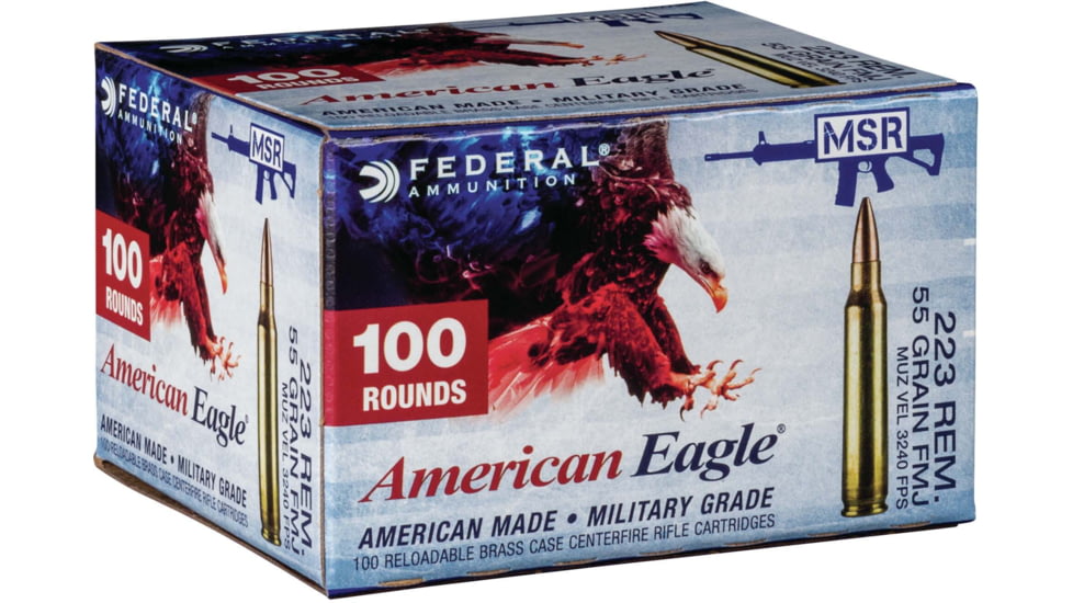 Federal Premium American Eagle Rifle Ammo, .223 Remington, Full Metal Jacket Boat Tail, 55 grain, 100 Rounds, AE223BL