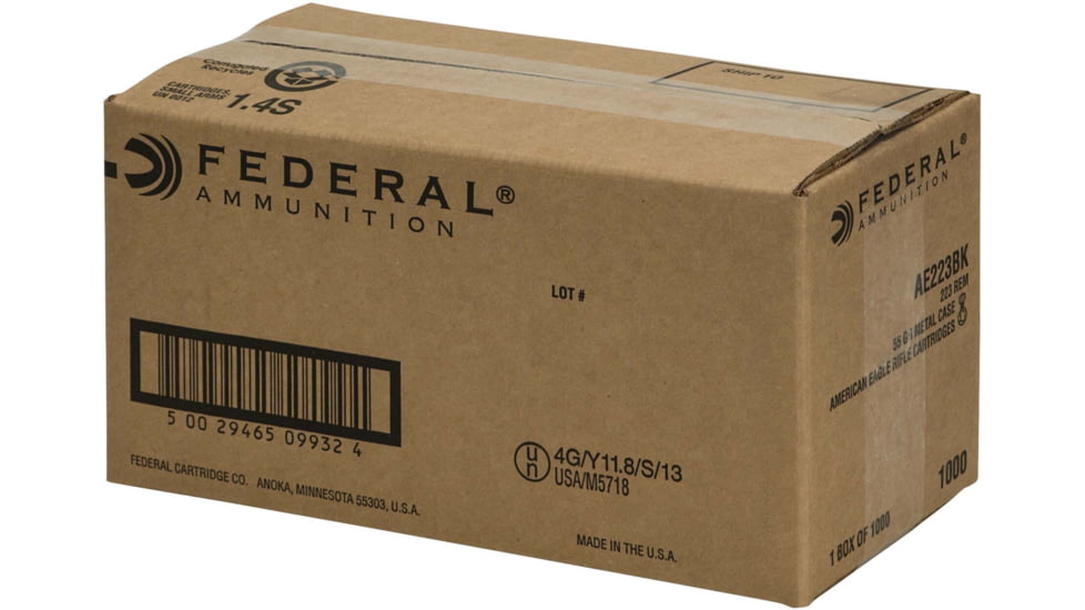 Federal Premium American Eagle Rifle Ammo, .223 Remington, Full Metal Jacket Boat Tail, 55 grain, 1000 Rounds, Bulk, AE223BK