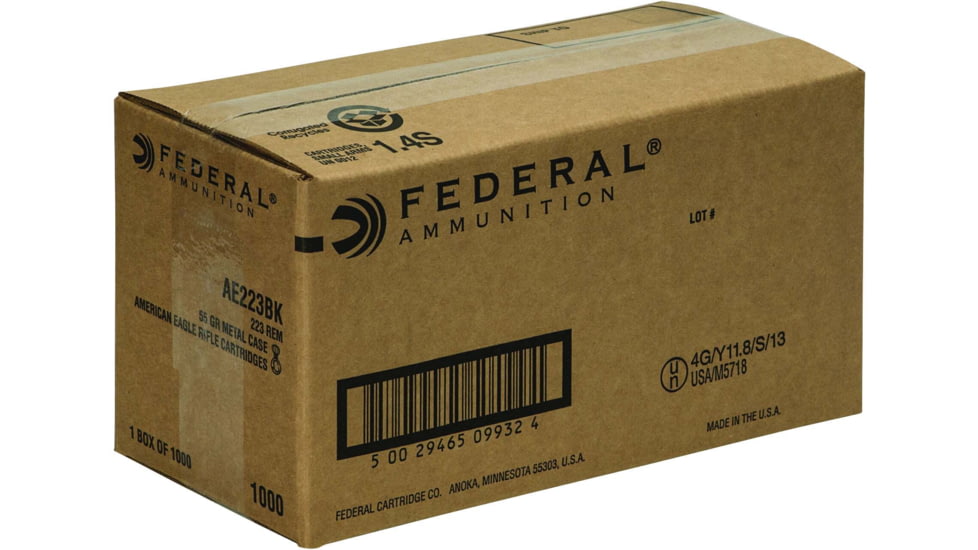 Federal Premium American Eagle Rifle Ammo, .223 Remington, Full Metal Jacket Boat Tail, 55 grain, 1000 Rounds, Bulk, AE223BK