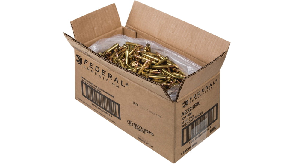 Federal Premium American Eagle Rifle Ammo, .223 Remington, Full Metal Jacket Boat Tail, 55 grain, 1000 Rounds, Bulk, AE223BK