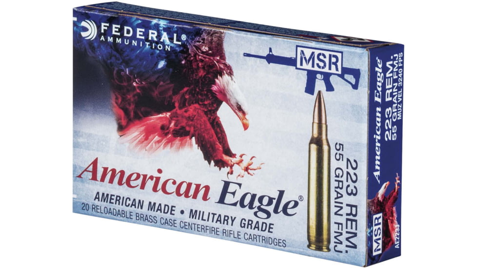 Federal Premium American Eagle Rifle Ammo, .223 Remington, Full Metal Jacket Boat Tail, 55 grain, 1240 ft/s, 20 Rounds, AE223J