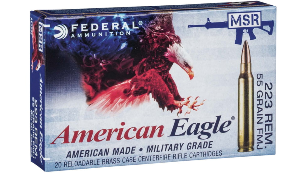 Federal Premium American Eagle Rifle Ammo, .223 Remington, Full Metal Jacket Boat Tail, 55 grain, 1240 ft/s, 20 Rounds, AE223J