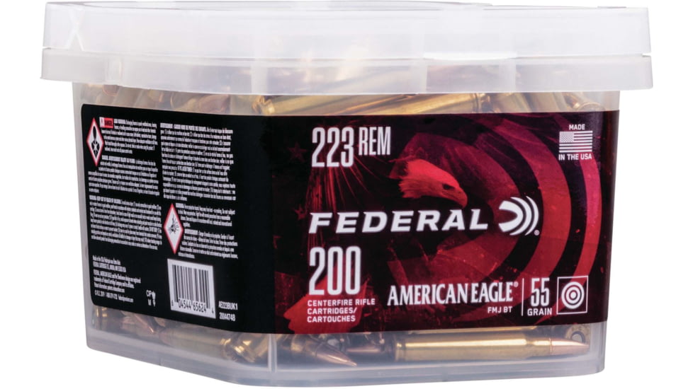 Federal Premium American Eagle Rifle Ammo, .223 Remington, Full Metal Jacket Boat Tail, 55 grain, 200 Rounds, AE223BUK1