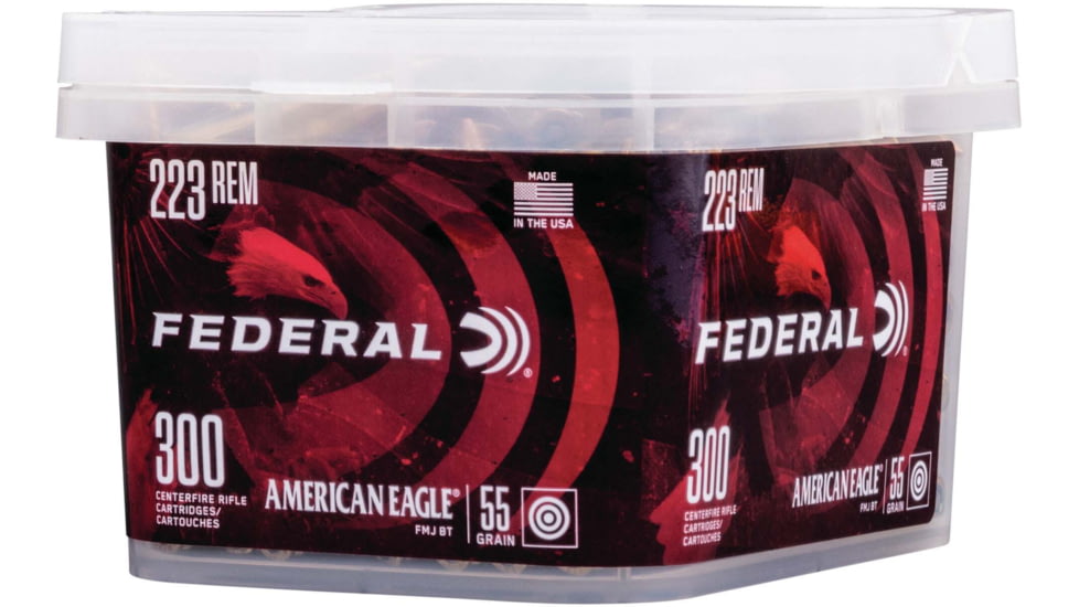 Federal Premium American Eagle Rifle Ammo, .223 Remington, Full Metal Jacket Boat Tail, 55 grain, 300 Rounds, AE223BUK
