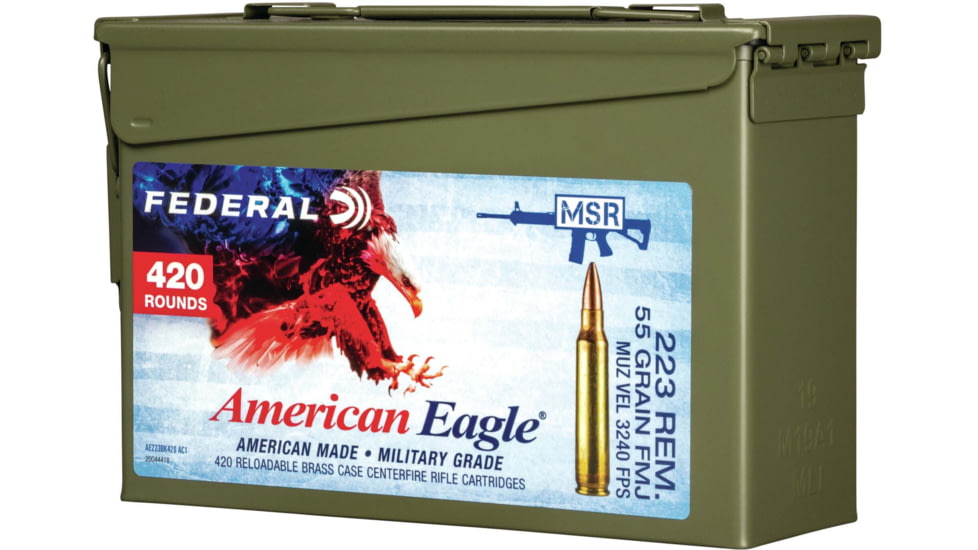 Federal Premium American Eagle Rifle Ammo, .223 Remington, Full Metal Jacket Boat Tail, 55 grain, 420 Rounds, M2A1 Can, AE223BK420 AC1
