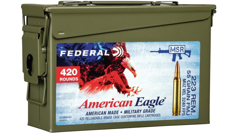 Federal Premium American Eagle Rifle Ammo, .223 Remington, Full Metal Jacket Boat Tail, 55 grain, 420 Rounds, M2A1 Can, AE223BK420 AC1