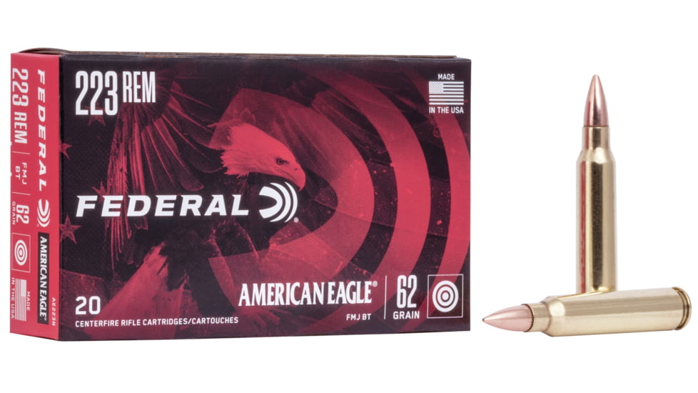 Federal Premium American Eagle Rifle 223 Rem 62 Grain Full Metal Jacket Boat Tail Brass Cased Centerfire Rifle Ammo, 20 Rounds, AE223N