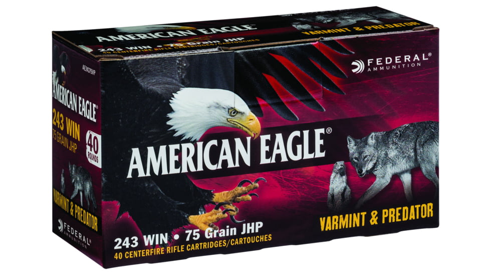 Federal Varmint &amp; Predator .243 Winchester 75 Grain Jacketed Hollow Point Centerfire Rifle Ammo, 40 Rounds, AE24375VP