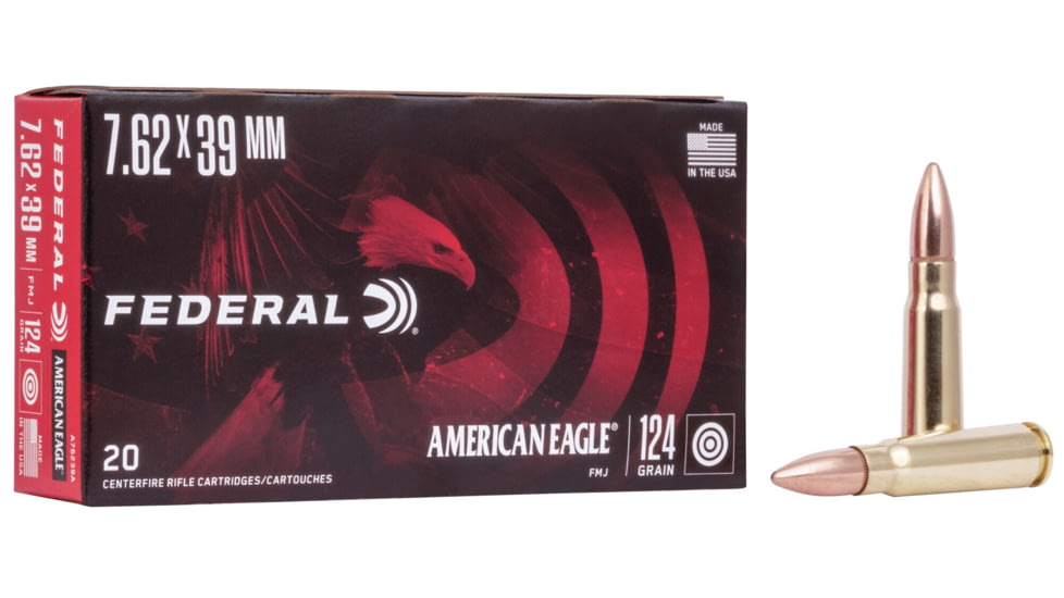 Federal Premium American Eagle Rifle 7.62x39mm Soviet 124 Grain Full Metal Jacket Brass Cased Centerfire Rifle Ammo, 20 Rounds, A76239A
