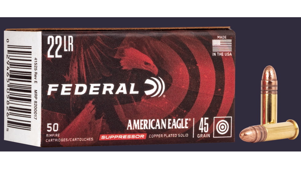 Federal Premium American Eagle Rimfire Suppressor .22 Long Rifle 45 Grain Copper Plated Round Nose Rimfire Ammo, 50 Rounds, AE22SUP1