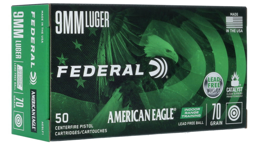 Federal Premium Centerfire Handgun Ammunition 9 mm Luger 70 grain Lead-Free Ball Centerfire Pistol Ammo, 50 Rounds, AE9LF1