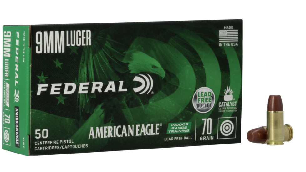 Federal Premium Centerfire Handgun Ammunition 9 mm Luger 70 grain Lead-Free Ball Centerfire Pistol Ammo, 50 Rounds, AE9LF1