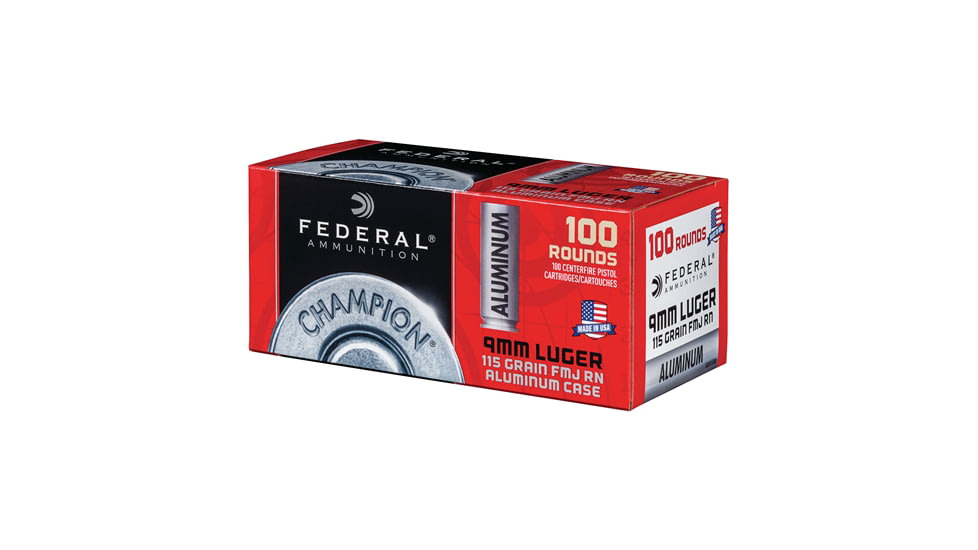 Federal Premium Champion Aluminum Pistol Ammo, 9 mm Luger, Full Metal Jacket, 115 grain, 100 Rounds, CAL9115100