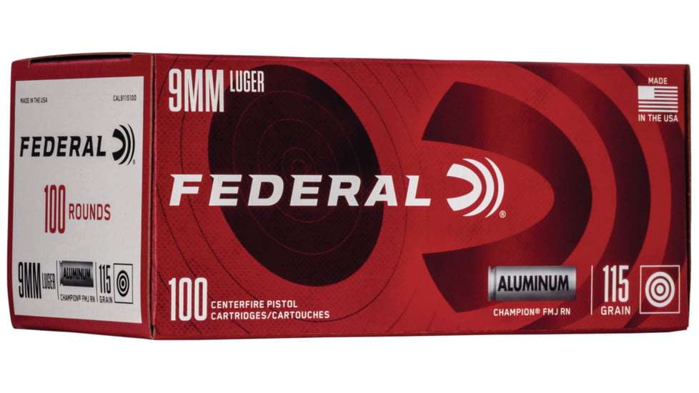 Federal Premium Champion Aluminum Pistol Ammo, 9 mm Luger, Full Metal Jacket, 115 grain, 100 Rounds, CAL9115100