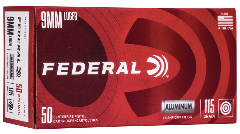 Federal Premium Champion Aluminum Pistol Ammo, 9 mm Luger, Full Metal Jacket, 115 grain, 50 Rounds, CAL9115