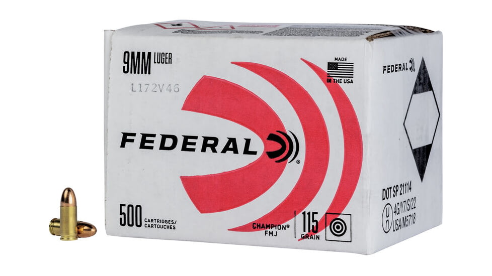 Federal Premium Champion Training 9mm Luger 115 Grain Full Metal Jacket Brass Cased Centerfire Pistol Ammo, 500 Rounds, C9115A500