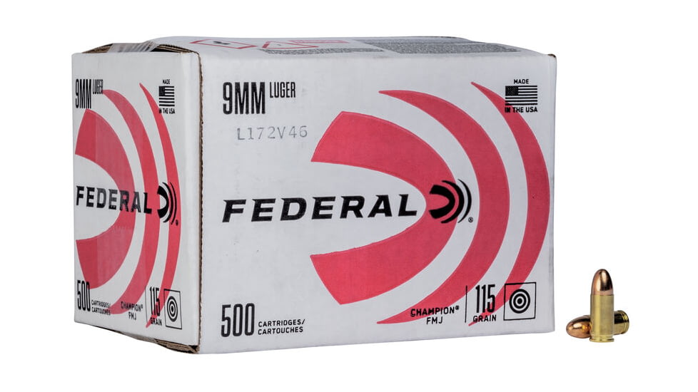 Federal Premium Champion Training 9mm Luger 115 Grain Full Metal Jacket Brass Cased Pistol Ammo, 500 Rounds, C9115A500