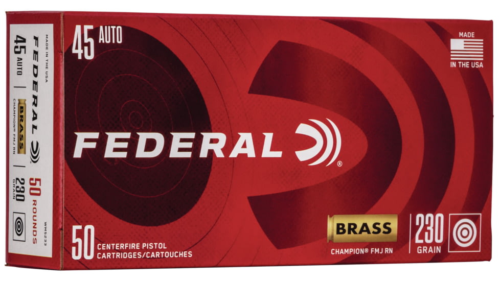 Federal Premium, .45 ACP, 230 grain, Full Metal Jacket, Brass, Centerfire Pistol Ammo, 50 Rounds, WM5233