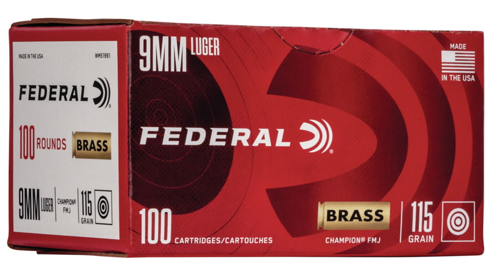 Federal Premium, 9 mm Luger, 115 grain, Full Metal Jacket, Brass, Centerfire Pistol Ammo, 100 Rounds, WM51991