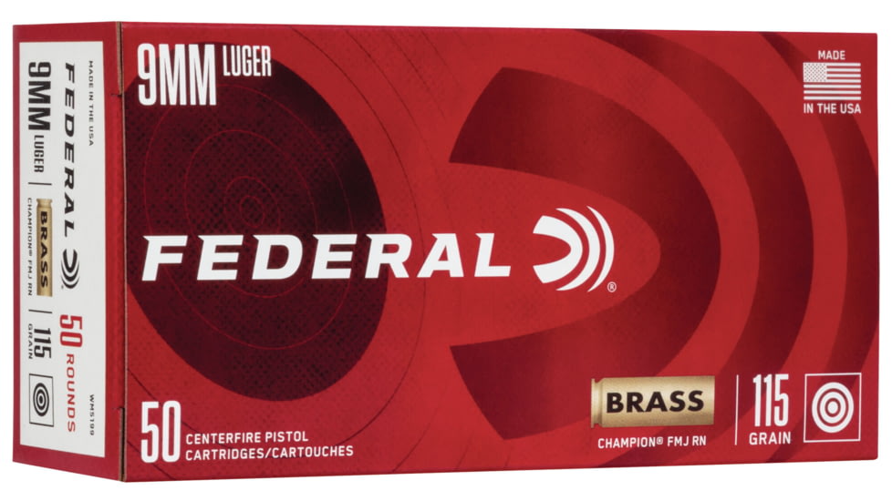 Federal Premium, 9 mm Luger, 115 Grain, Full Metal Jacket, Brass, Centerfire Pistol Ammo, 50 Rounds, WM5199