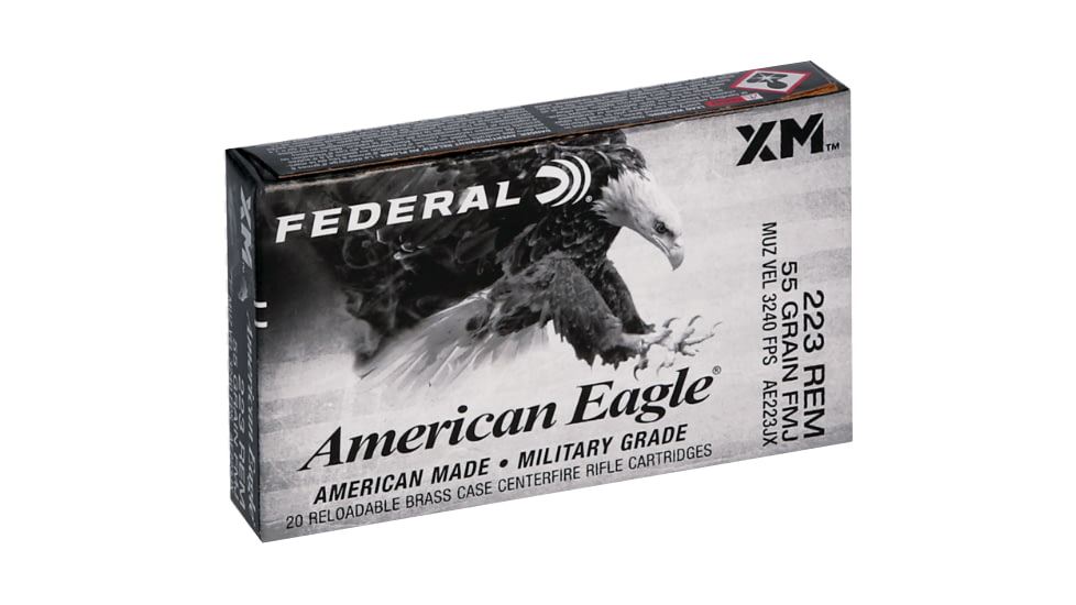 Federal Premium Federal Premium, .223 Remington, 55 Grain, Full Metal Jacket Boat Tail, Brass, Centerfire Rifle Ammo, 20 Rounds, AE223JX