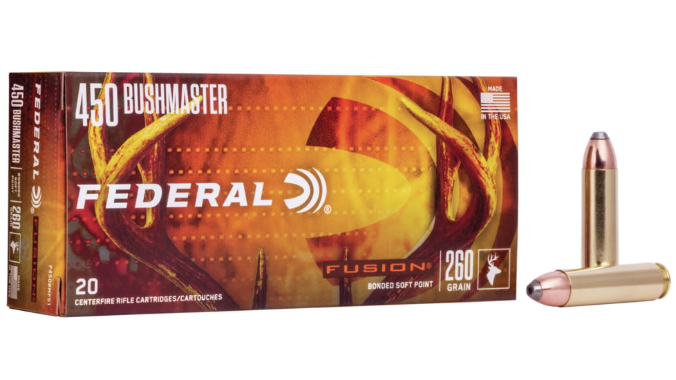 Federal Premium Fusion Rifle Ammo, .450 Bushmaster, Fusion Soft Point, 260 grain, 20 Rounds, F450BMFS1