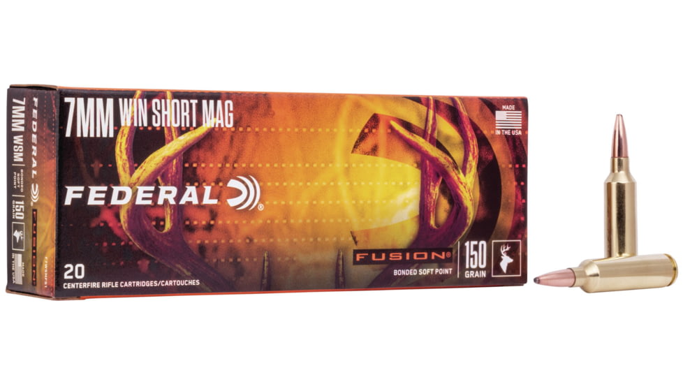 Federal Premium Fusion Rifle Ammo, 7mm Winchester Short Magnum, Fusion Soft Point, 150 grain, 20 Rounds, F7WSMFS1