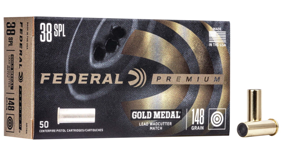 Federal Premium Gold Medal 38 Special 148 Grain Lead Wadcutter Brass Cased Centerfire Pistol Ammo, 50 Rounds, GM38A