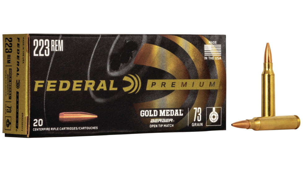 Federal Premium Gold Medal Rifle Ammo, .223 Remington, Berger Boat Tail Target, 73 grain, 20 Rounds, GM223BH73