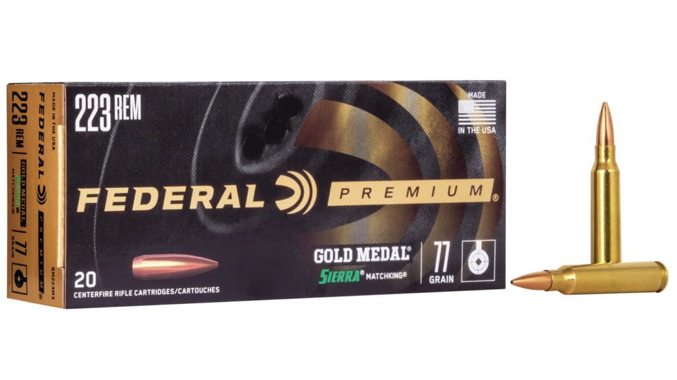 Federal Premium SIERRA MATCHKinG BTHP .223 77 Grain Sierra MatchKing Boat Tail Hollow Point Centerfire Rifle Ammo, 20 Rounds, GM223M3