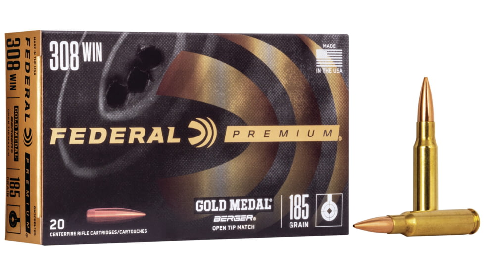 Federal Premium Gold Medal Rifle Ammo, .308 Winchester, Berger Juggernaught Open Tip Match, 185 grain, 20 Rounds, GM308BH185