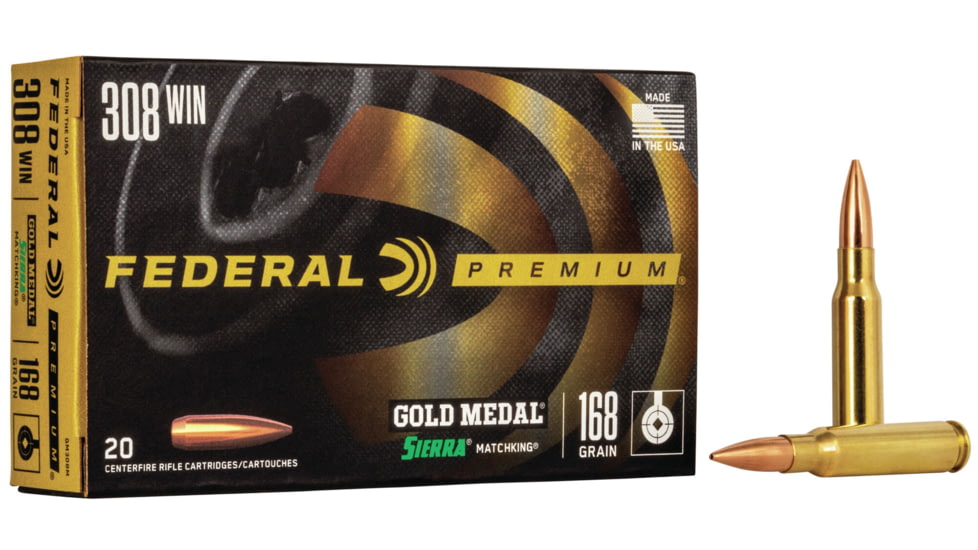 Federal Premium SIERRA MATCHKinG BTHP .308 Winchester 168 Grain Sierra MatchKing Boat Tail Hollow Point Centerfire Rifle Ammo, 20 Rounds, GM308M