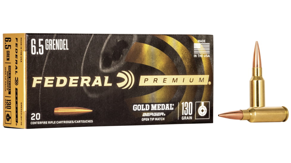 Federal Premium Gold Medal Rifle Ammo, 6.5mm Grendel, Berger AR Hybrid Open Tip Match, 130 grain, 20 Rounds, GM65GDLBH130