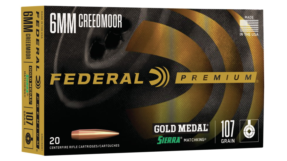 Federal Premium Gold Medal SMKG 6mm Creedmoor 107 GrainBoat Tail Hollow Point Rifle Ammo, 20 Rounds, GM6CRDM1