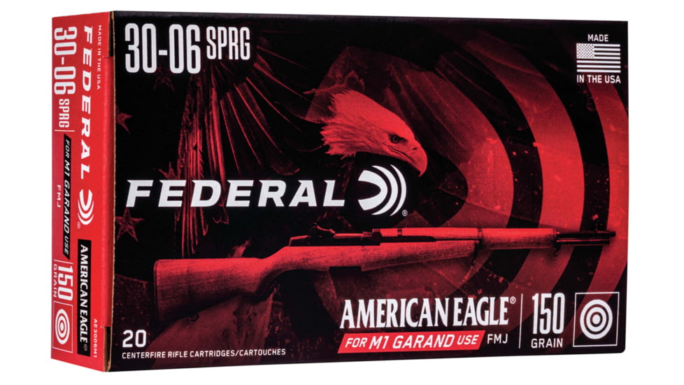 Federal Premium M1 GARAND .30-06 Springfield 150 Grain Full Metal Jacket Centerfire Rifle Ammo, 20 Rounds, AE3006M1