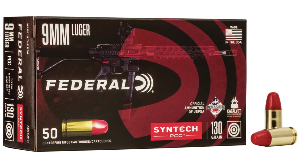 Federal Premium Syntech PCC 9mm Luger 130 Grain Syntech Jacket Flat Nose Brass Centerfire Pistol Ammo, 50 Rounds, AE9SJPC1