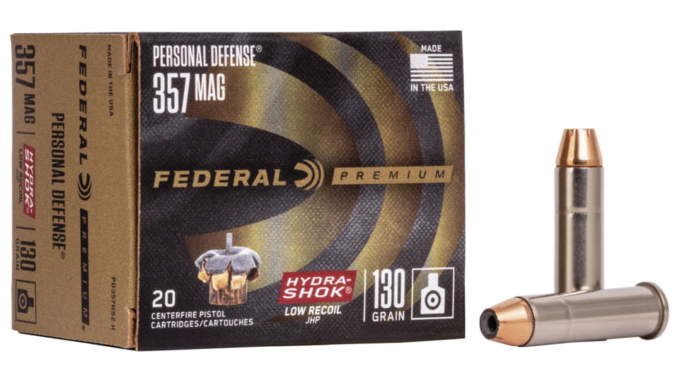 Federal Premium Personal Defense Pistol Ammo, .357 Magnum, Hydra-Shok Jacketed Hollow Point, 130 grain, 20 Rounds, PD357HS2 H
