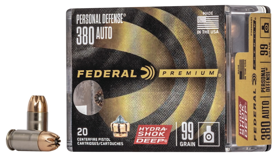 Federal Premium .380 ACP 99 Grain Hydra-Shok Deep Jacketed Hollow point Brass Centerfire Pistol Ammo, 20 Rounds, P380HSD1