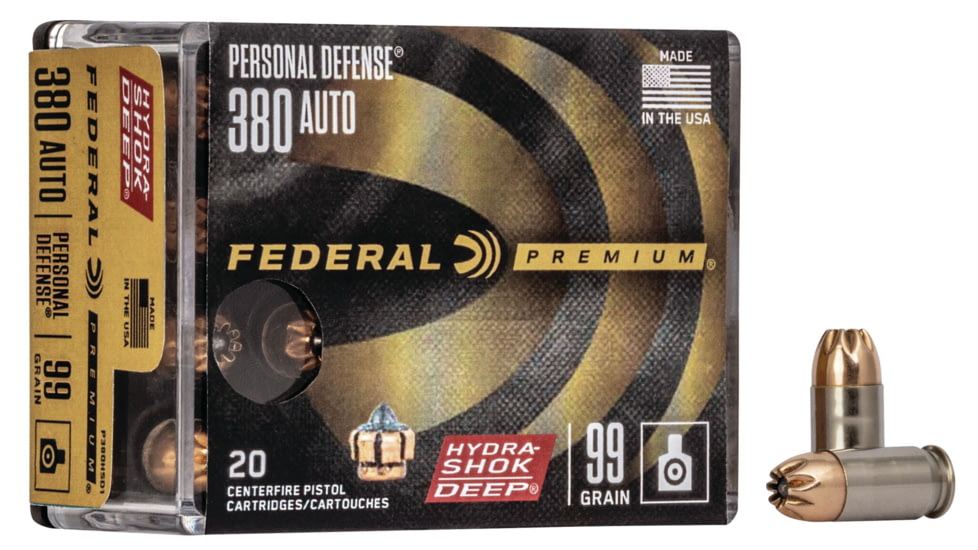 Federal Premium Personal Defense Pistol Ammo, .380 ACP, Hydra-Shok Deep Jacketed Hollow Point, 99 grain, 20 Rounds, P380HSD1