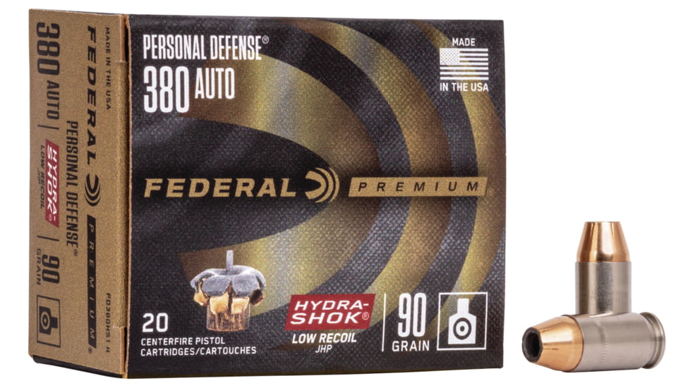 Federal Premium Centerfire .380 ACP 90 Grain Hydra-Shok Jacketed Hollow Point Centerfire Pistol Ammo, 20 Rounds, PD380HS1 H