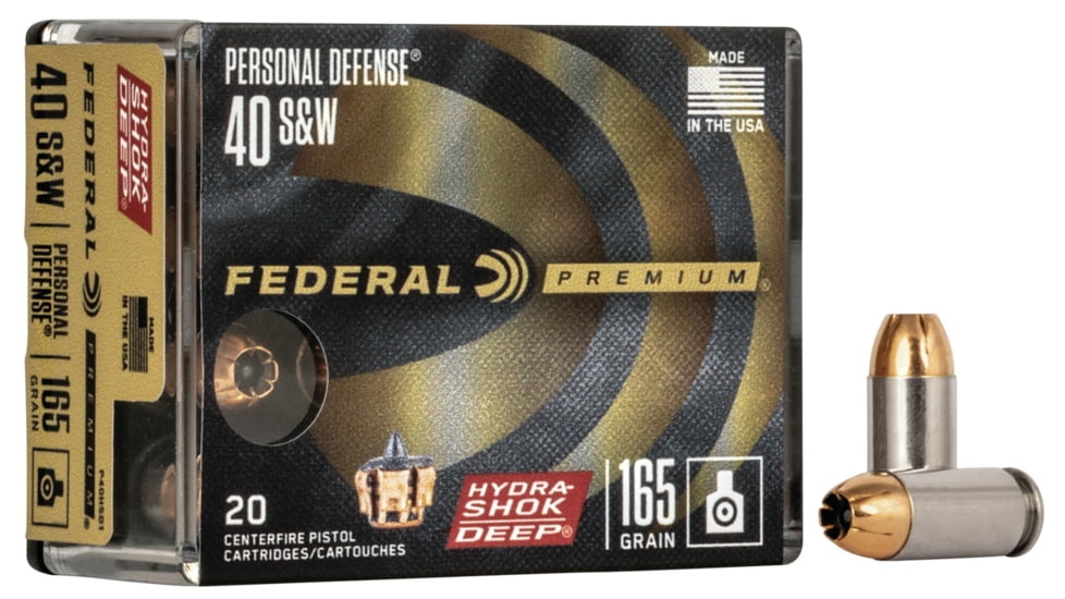 Federal Premium Personal Defense Pistol Ammo, .40 S&amp;W, Hydra-Shok Deep Jacketed Hollow Point, 165 grain, 20 Rounds, P40HSD1