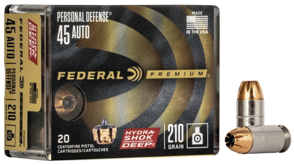Federal Premium Personal Defense Pistol Ammo, .45 ACP, Hydra-Shok Deep Jacketed Hollow Point, 210 grain, 20 Rounds, P45HSD1