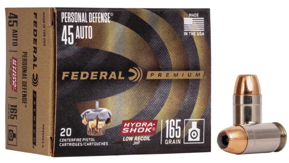 Federal Premium Personal Defense Pistol Ammo, .45 ACP, Hydra-Shok Jacketed Hollow Point, 165 grain, 20 Rounds, PD45HS3 H