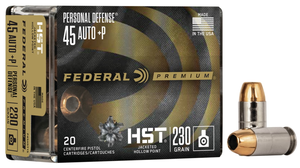 Federal Premium Personal Defense HST 45 Auto +P 230 Grain Jacketed Hollow Point Centerfire Pistol Ammo, 20 Rounds, P45HST1S