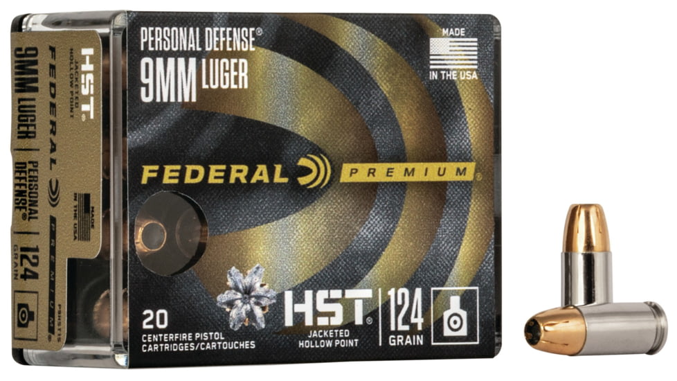 Federal Premium Personal Defense HST 9mm Luger 124 Grain Jacketed Hollow Point Nickel-Plated Cased Centerfire Pistol Ammo, 20 Rounds, P9HST1S